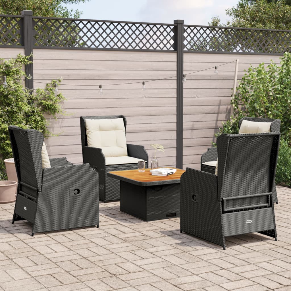 Set sezlonguri de gradina, 5 piese, cu perne, negru, poliratan — imaginea 2