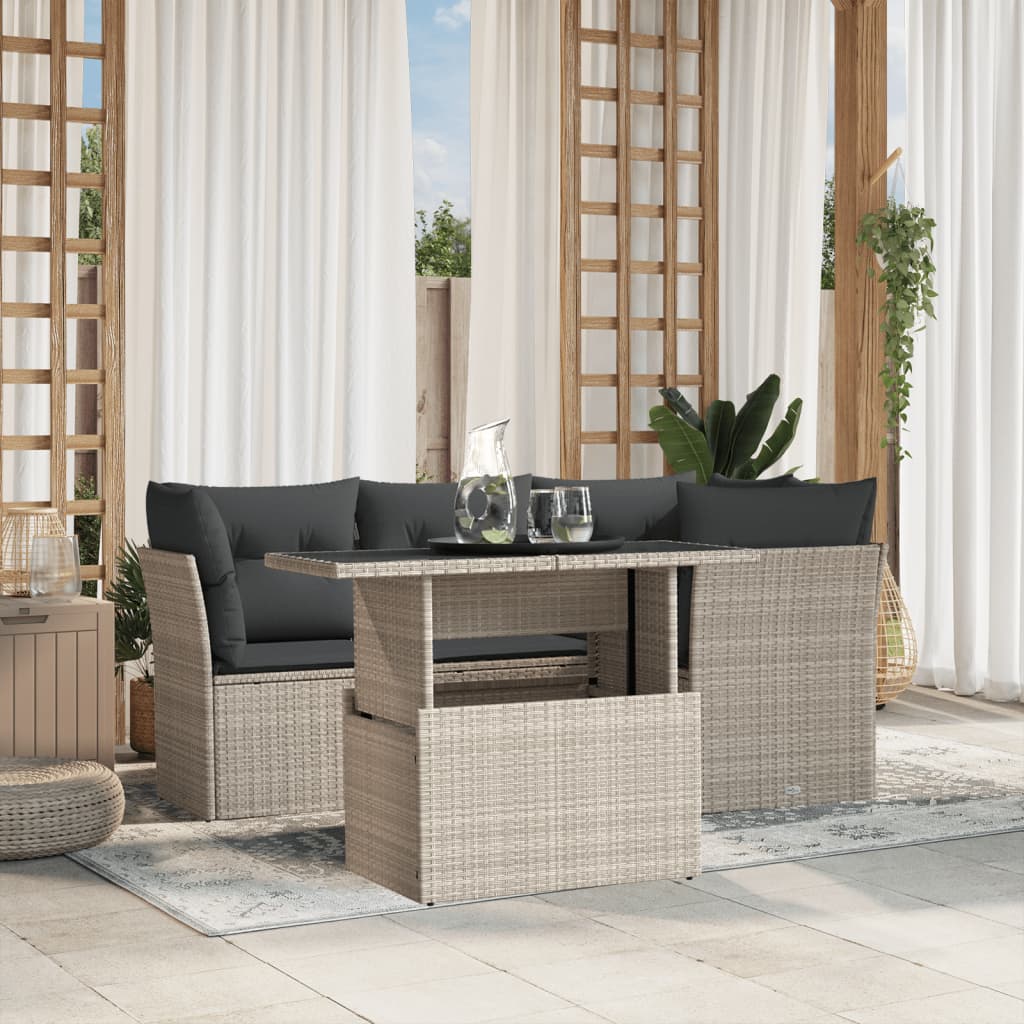 Set canapele de gradina cu perne, 5 piese gri deschis poliratan — imaginea 2