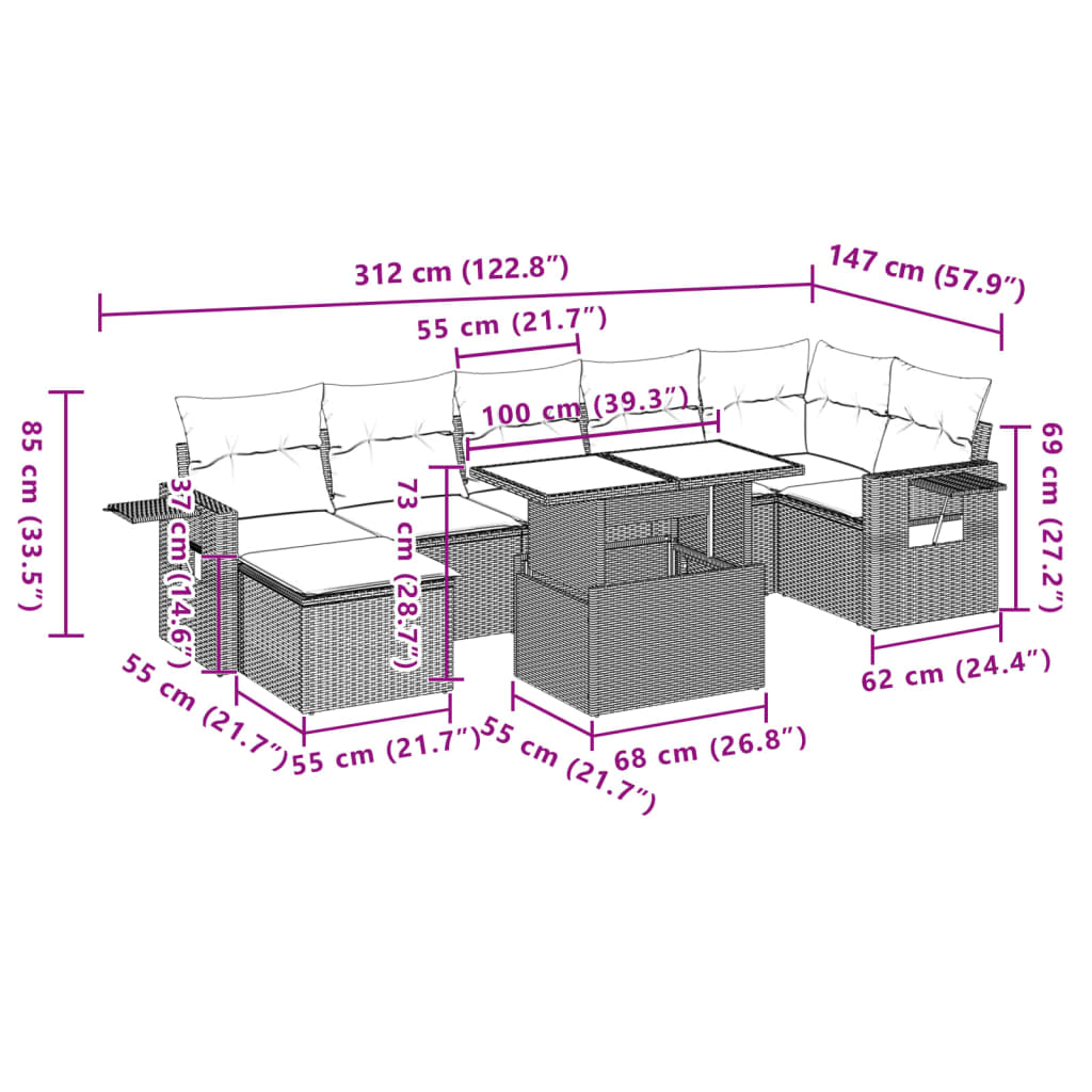 Set mobilier de gradina cu perne, 8 piese gri deschis poliratan — imaginea 12