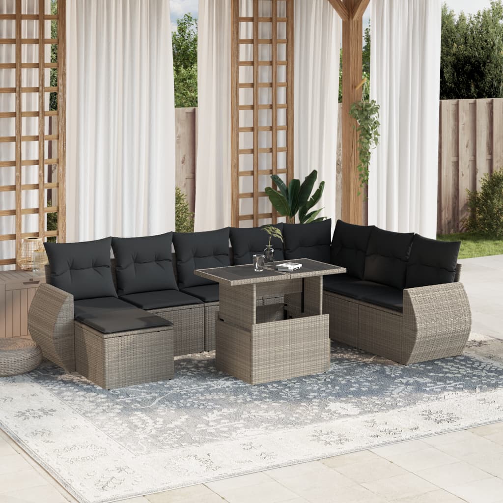 Set canapele de gradina cu perne, 9 piese gri deschis poliratan — imaginea 2
