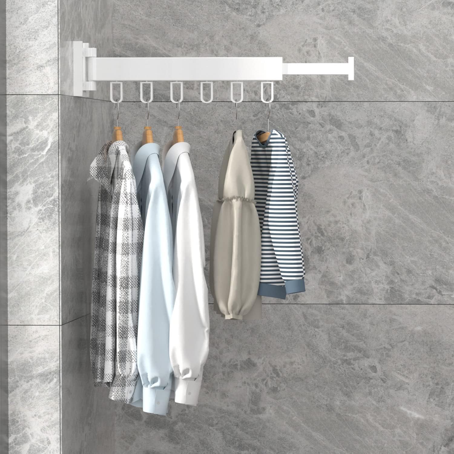 Suport de uscare montat pe perete Helper 54cm, retractabil cu carlige, usor de instalat, capacitate mare de incarcare