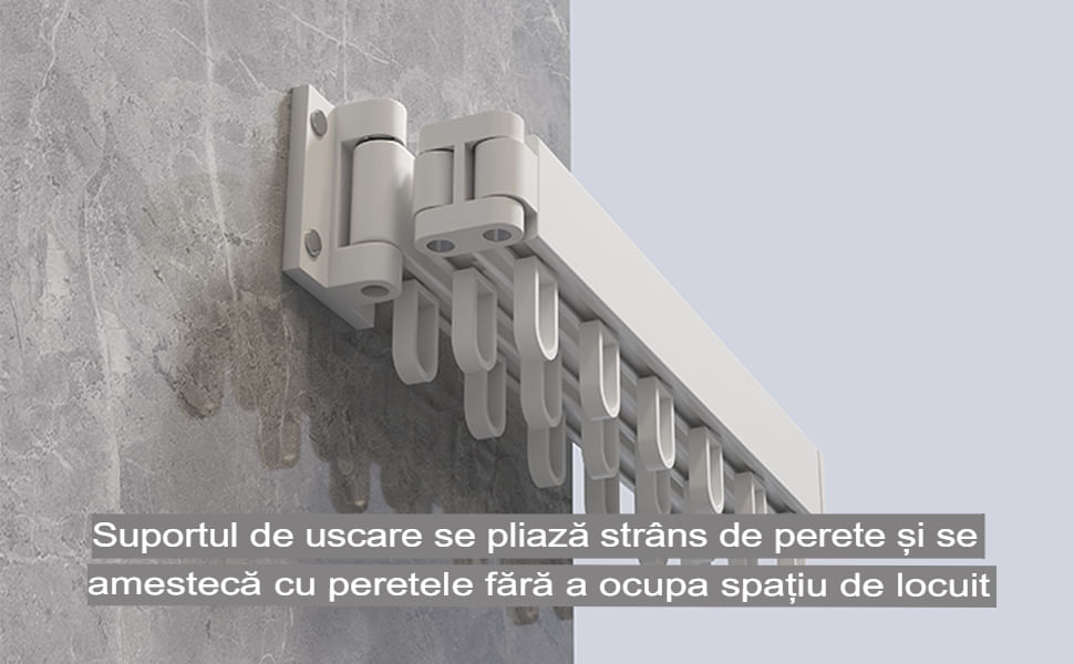Suport de uscare montat pe perete Helper 114cm, retractabil cu carlige, usor de instalat, capacitate mare — imaginea 6