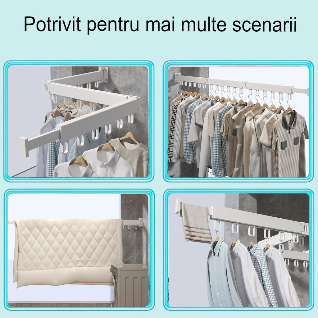 Suport de uscare montat pe perete Helper 114cm, retractabil cu carlige, usor de instalat, capacitate mare — imaginea 9