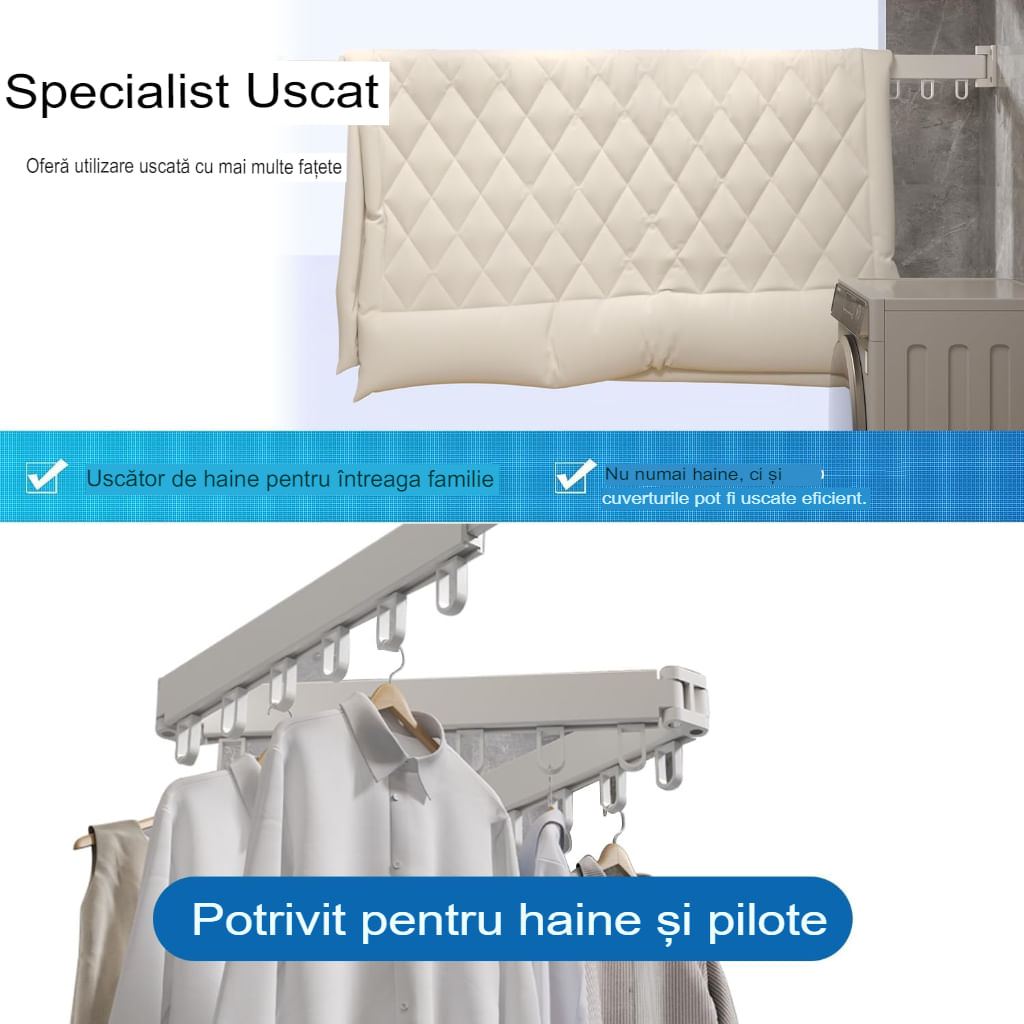 Suport de uscare montat pe perete Helper 114cm, retractabil cu carlige, usor de instalat, capacitate mare — imaginea 10