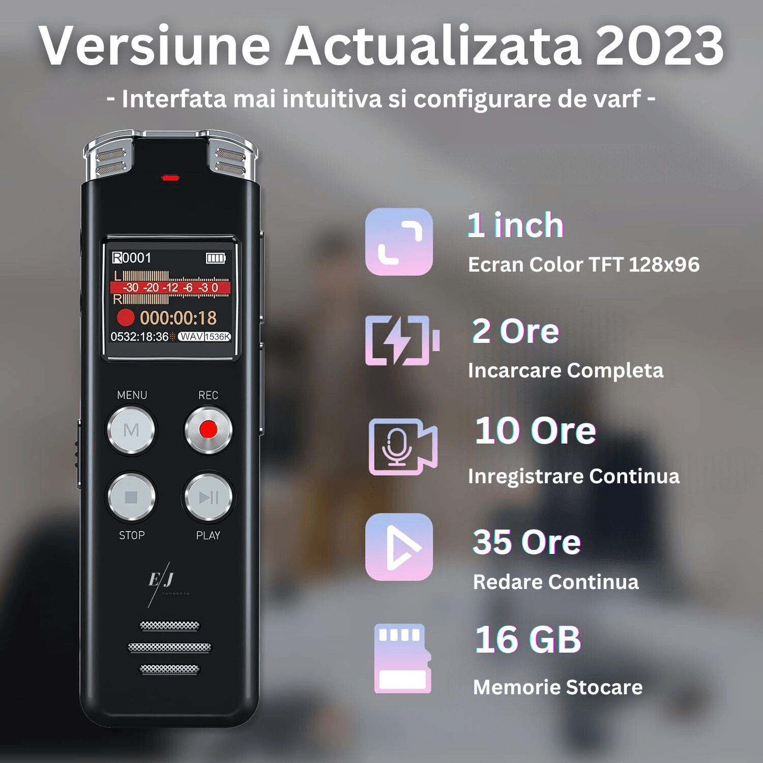 Reportofon digital cu activare vocala, L357, 16 GB, autonomie 10 ore, redare 35 ore, MP3, anulare a zgomotului