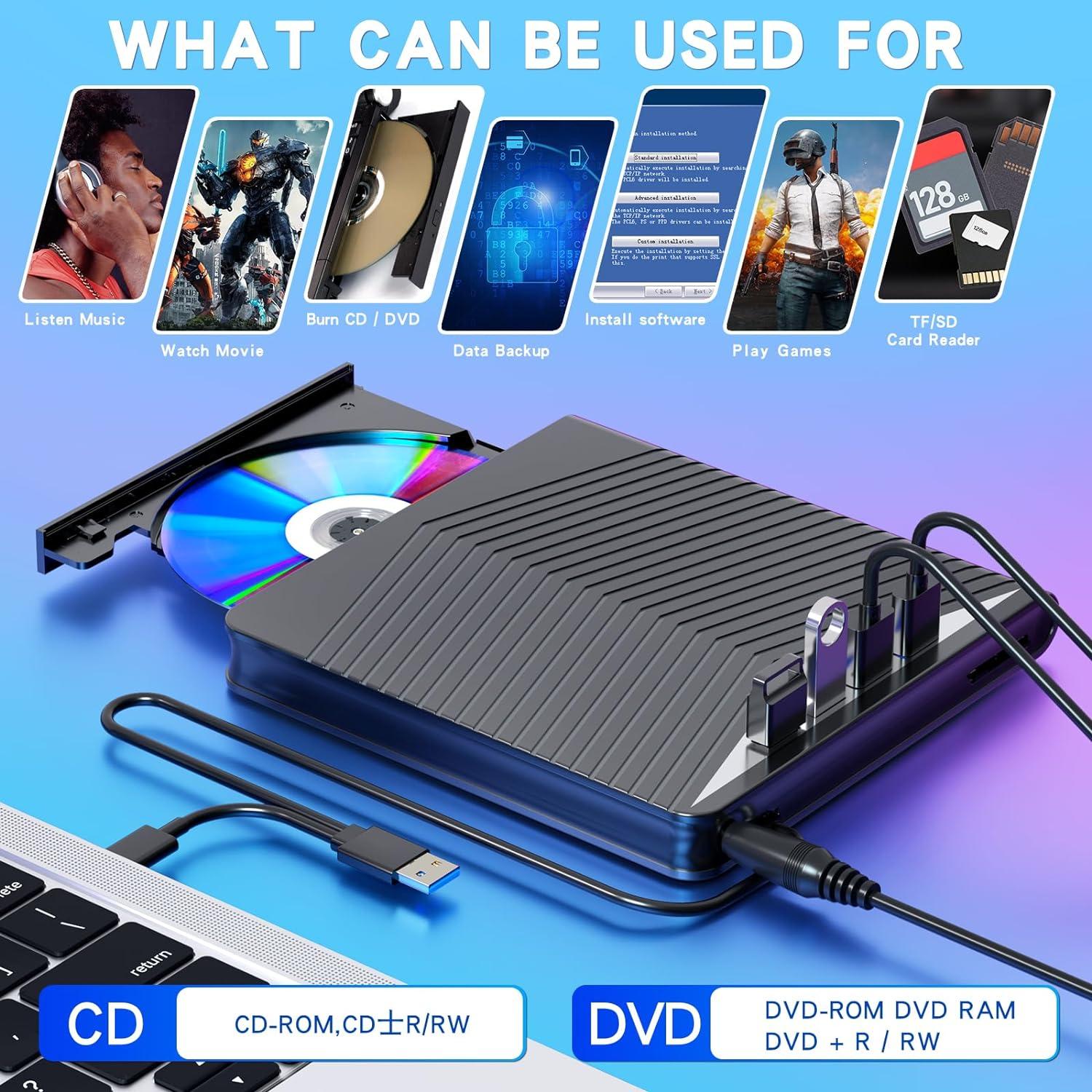 Unitate DVD CD RW externa 366 Axeloni ®, Port Usb-C Hub USB 3.0, Cititor de carduri SD, Reader DVD Player, Laptop, PC - 3 | YEO