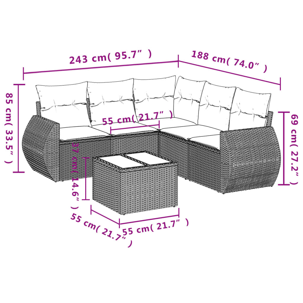 Set canapele de gradina cu perne, 6 piese gri deschis poliratan — imaginea 8