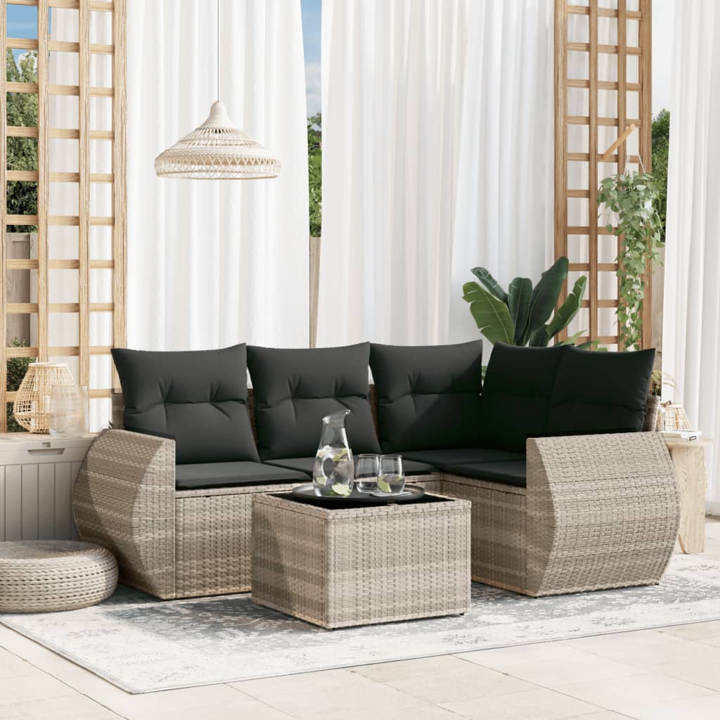 Set canapele de gradina cu perne, 5 piese gri deschis poliratan — imaginea 2