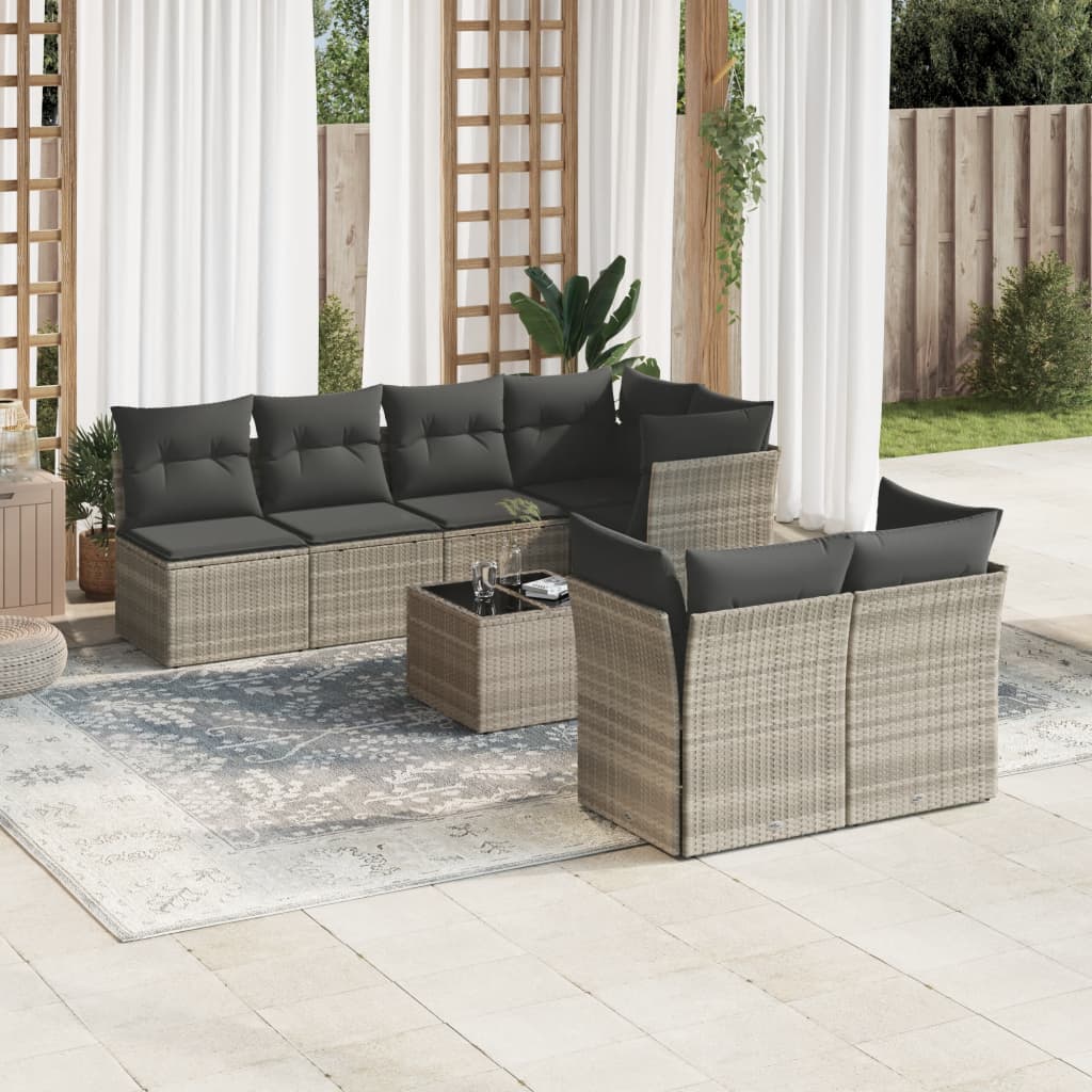 Set mobilier de gradina cu perne, 8 piese gri deschis poliratan — imaginea 2