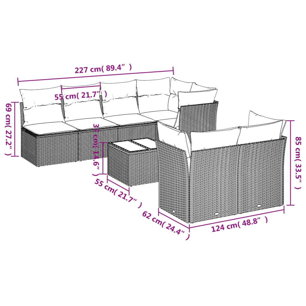 Set mobilier de gradina cu perne, 8 piese gri deschis poliratan — imaginea 3