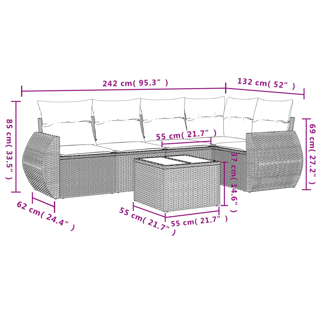 Set canapele de gradina cu perne, 6 piese gri deschis poliratan — imaginea 3