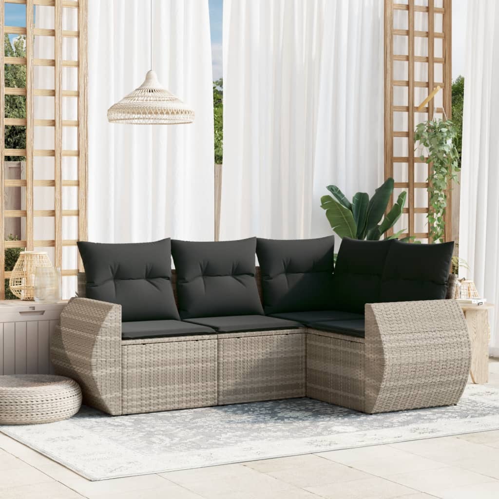 Set canapea de gradina cu perne, 4 piese, gri deschis poliratan — imaginea 2