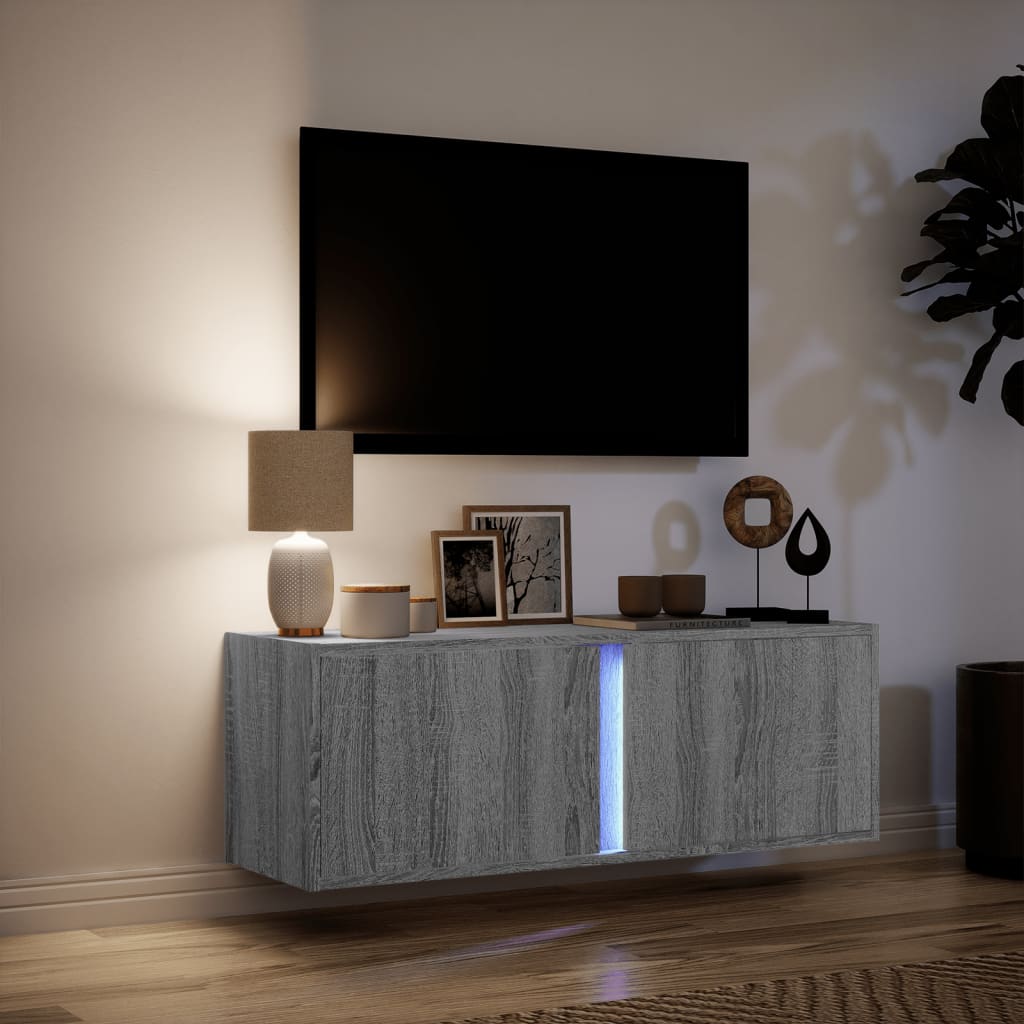 Dulap TV de perete cu lumini LED, gri sonoma, 100x31x35 cm — imaginea 5