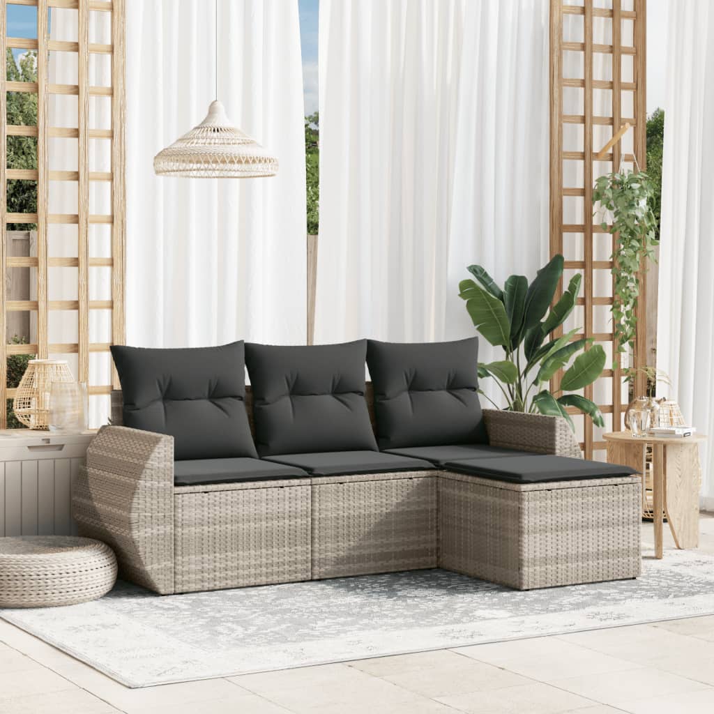 Set canapea de gradina cu perne, 4 piese, gri deschis poliratan — imaginea 2