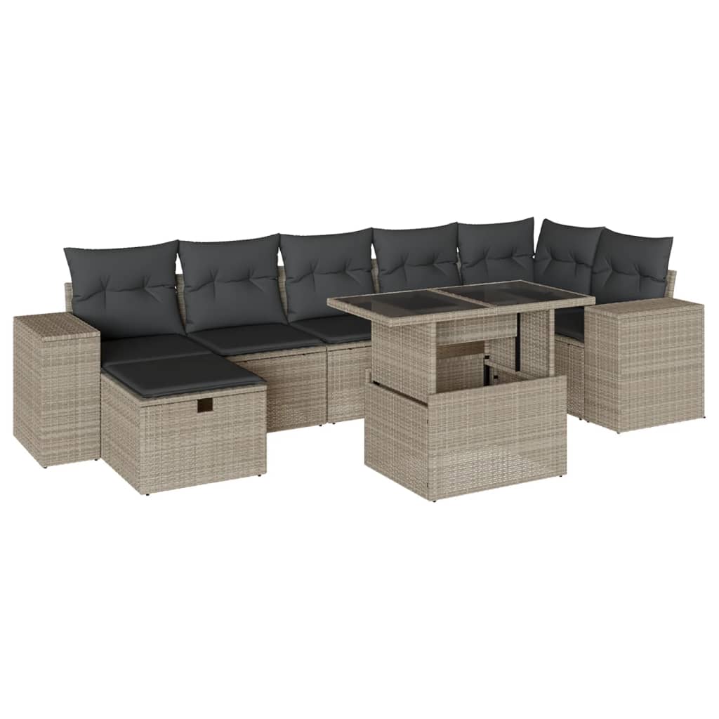Set mobilier de gradina cu perne, 8 piese gri deschis poliratan