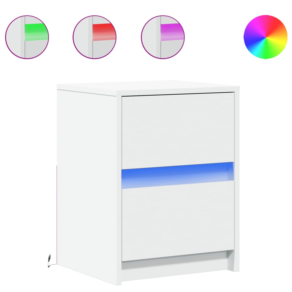Noptiera cu lumini LED, alb, lemn prelucrat