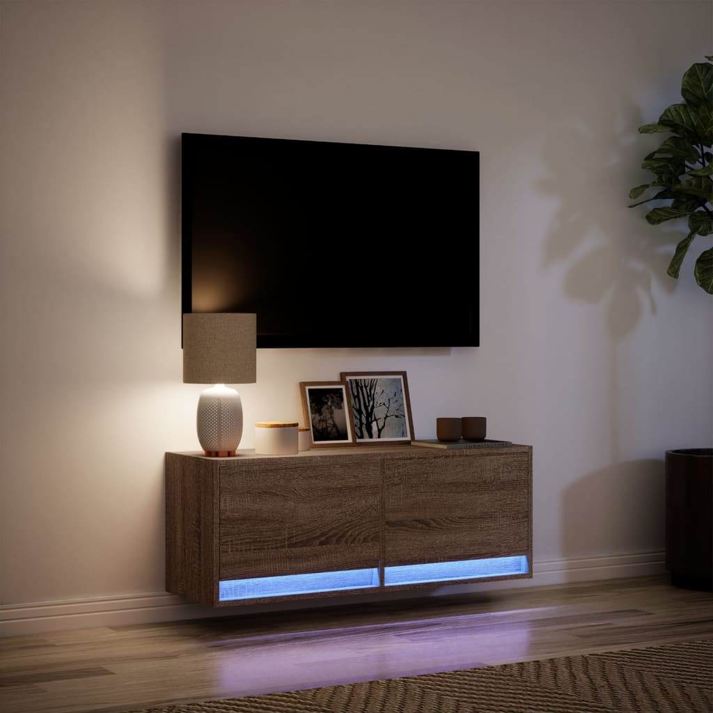 Comoda TV de perete cu lumini LED, stejar maro, 100x31x38 cm — imaginea 5