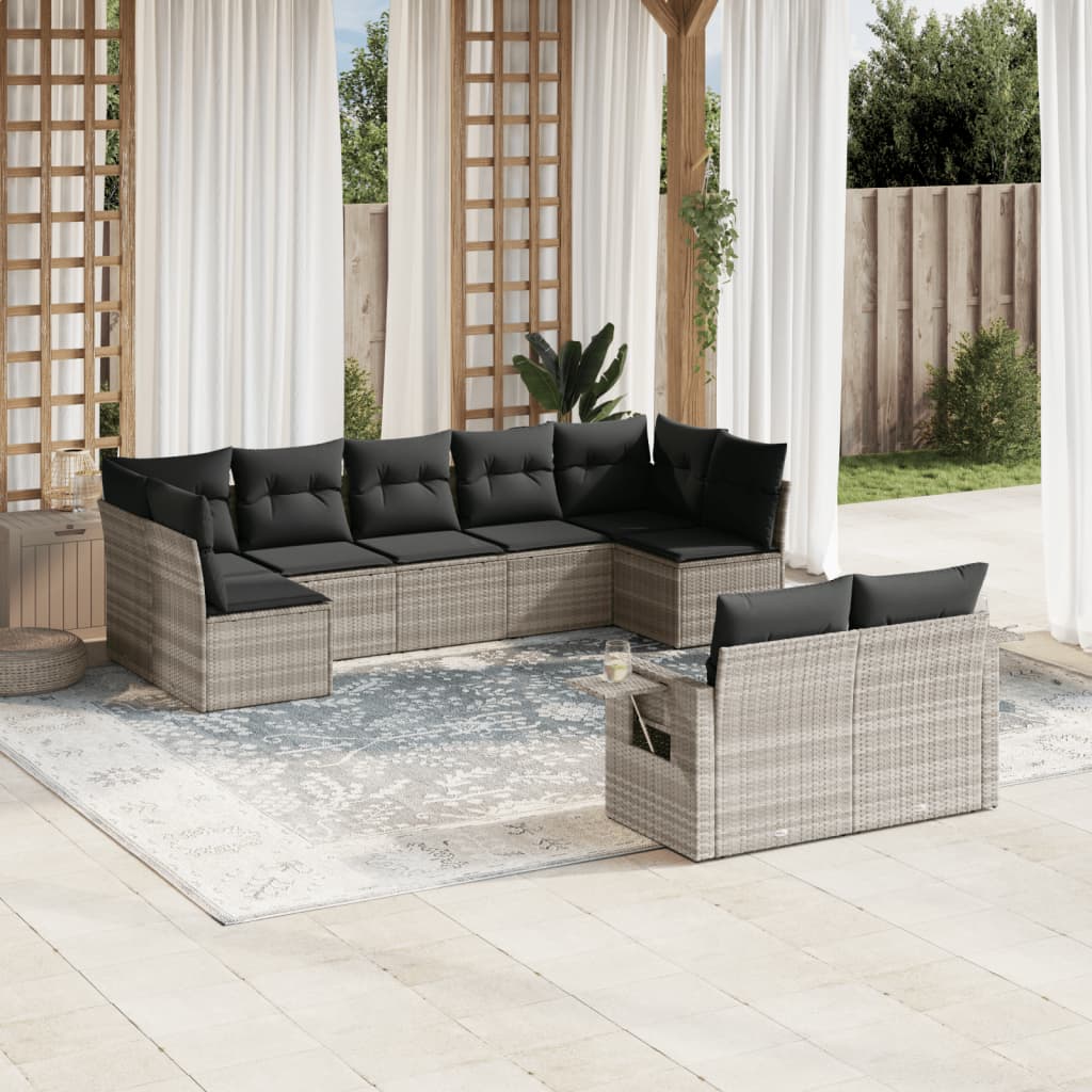 Set canapele de gradina cu perne, 9 piese gri deschis poliratan — imaginea 2