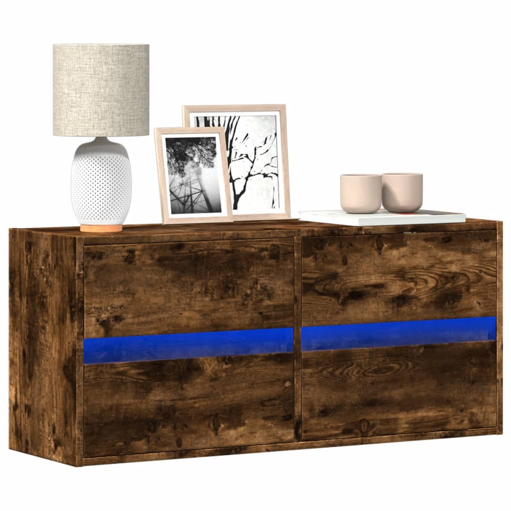 Comoda TV de perete cu lumini LED, stejar fumuriu, 100x31x45 cm — imaginea 2