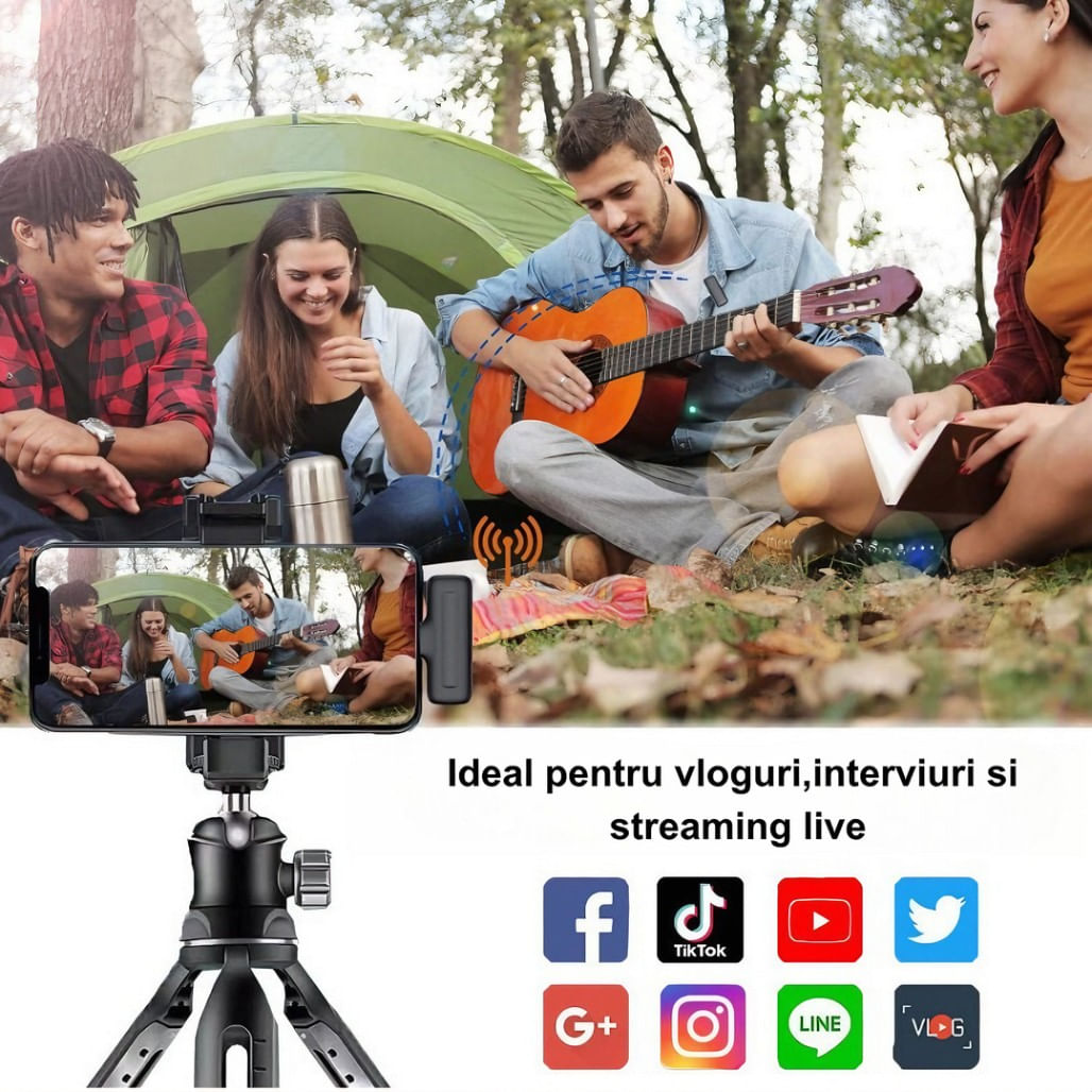 Set 2 Microfoane Lavaliera Wireless DolphinMC® , compatibil cu iPhone, Android, Ios, Reducere Zgomot, Vlogging