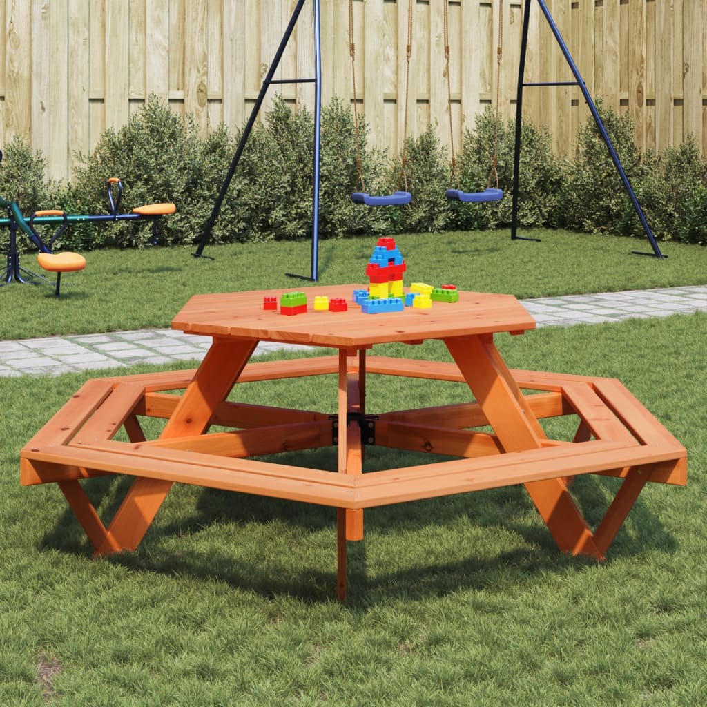 Masa de picnic pentru 6 copii cu banci lemn masiv brad, hexagon, maro închis - imagine 2