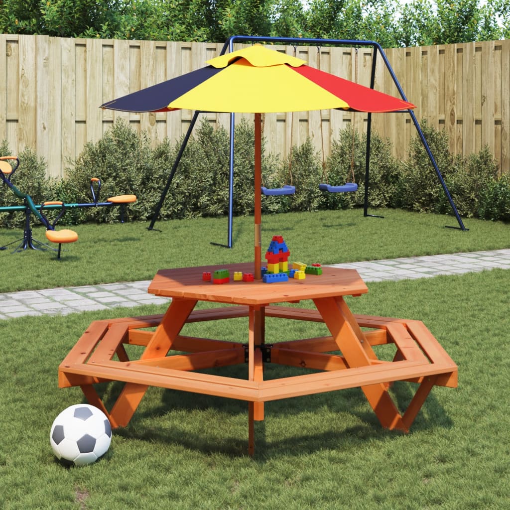 Masa de picnic pentru 6 copii cu banci lemn masiv brad, hexagon, maro închis - imagine 3