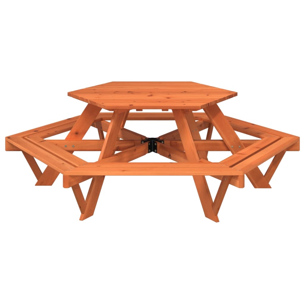 Masa de picnic pentru 6 copii cu banci lemn masiv brad, hexagon, maro închis - imagine 4