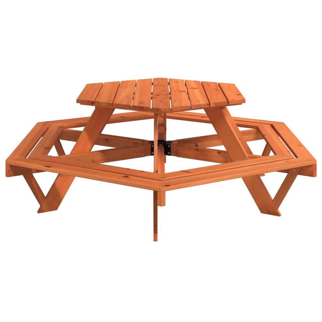 Masa de picnic pentru 6 copii cu banci lemn masiv brad, hexagon, maro închis - imagine 5