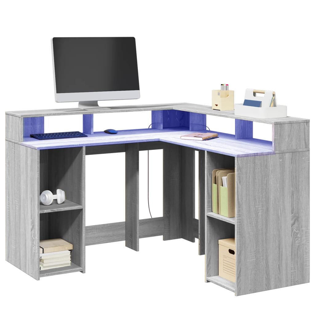 Birou cu lumini LED, gri sonoma, 130x130x91 cm, lemn prelucrat — imaginea 2