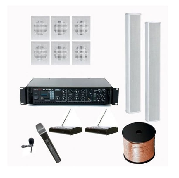 Sistem sonorizare biserica, 120W, 6 boxe interior, 2 coloane exterior, Microfon si Lavaliera wireless, 100m cablu