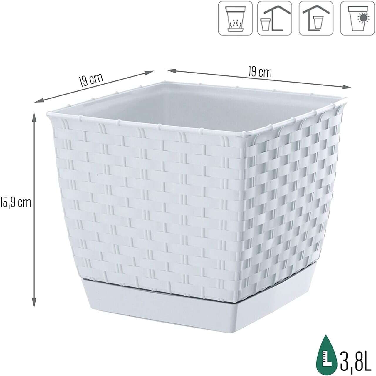 Ghiveci de flori patrat, RATOLLA, 19 x 19 cm, 3.8 L, alb, Prosperplast — imaginea 2