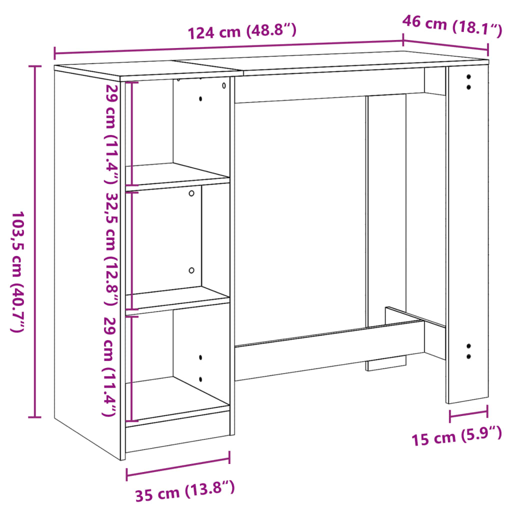 Masa de bar cu raft stejar fumuriu 124x46x103,5cm lemn compozit — imaginea 9