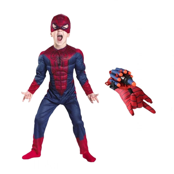 Set costum Spiderman cu muschi si manusa lansator cu 7 ventuze din burete , IdeallStore®, marime S, 3 - 5 ani, rosu