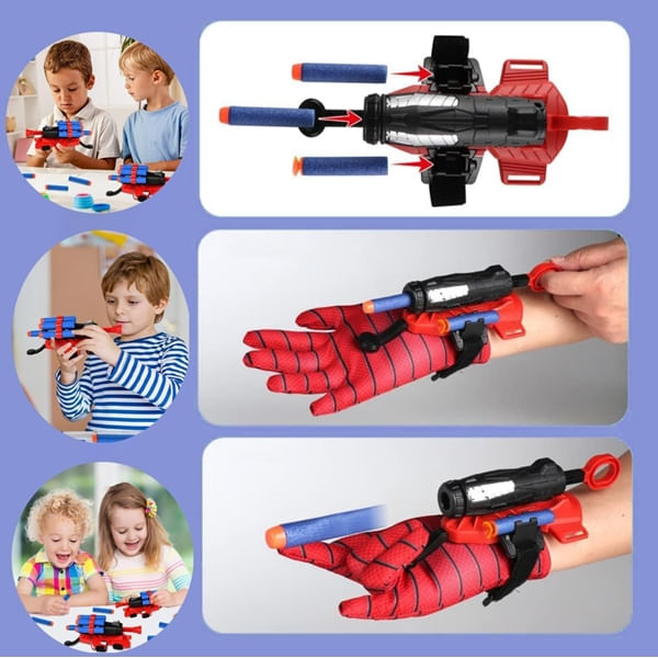 Set costum Spiderman cu muschi si manusa lansator cu 7 ventuze din burete , IdeallStore®, marime S, 3 - 5 ani, rosu