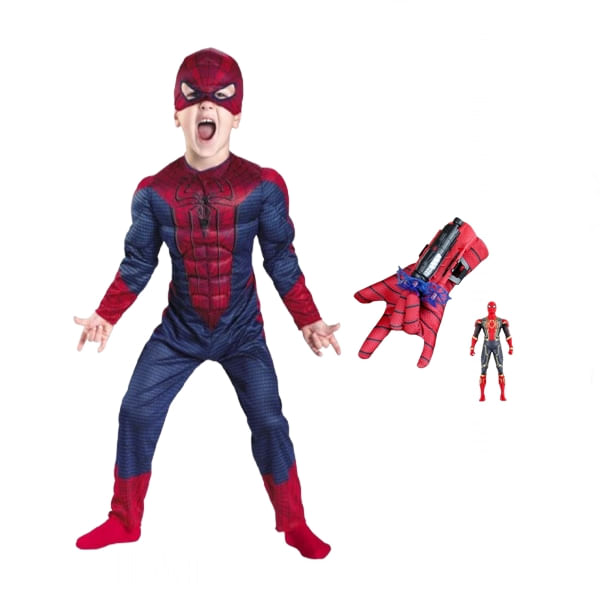 Set costum Spiderman cu muschi si manusa cu ventuze si figurina, IdeallStore®, marime M, 5-7 ani, rosu