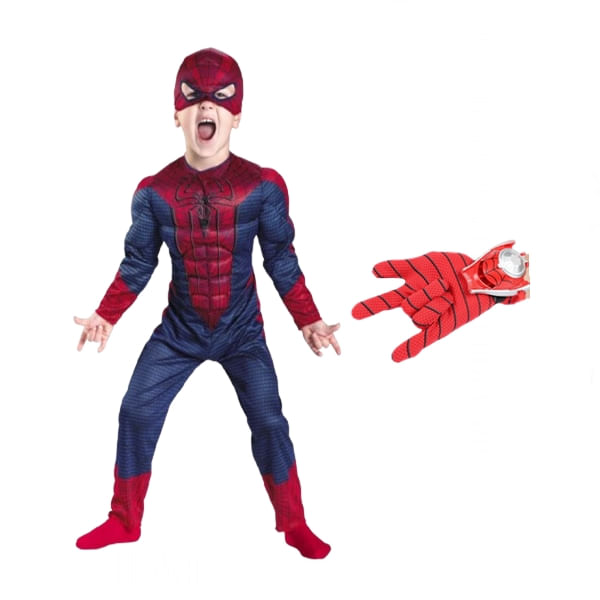 Set costum Spiderman cu muschi si manusa cu discuri, IdeallStore®, marime S, 3 - 5 ani, rosu