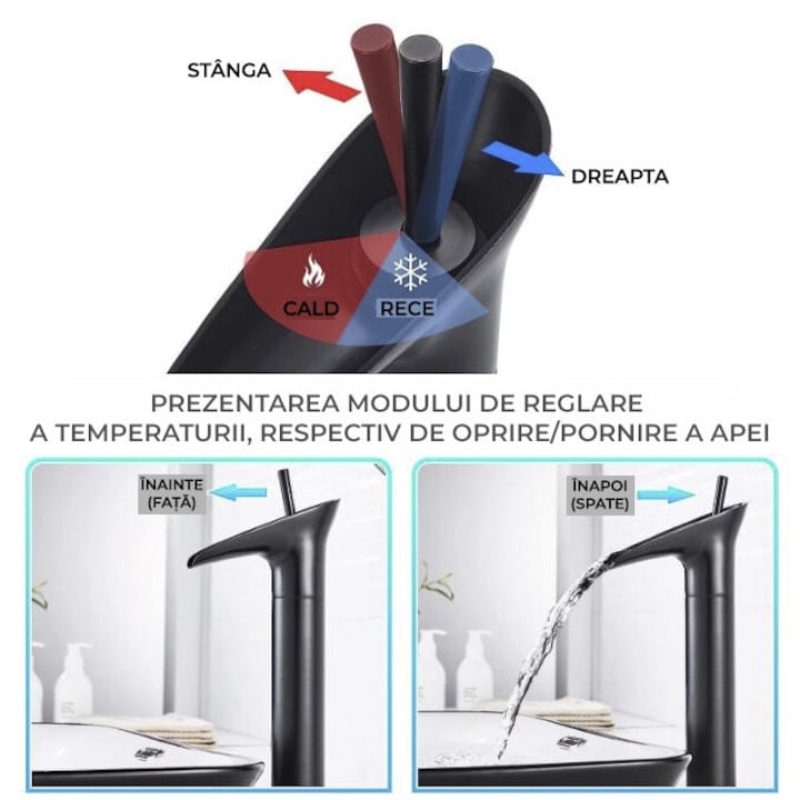 Baterie sanitara pentru lavoar, inalta, vintage, pentru chiuveta baie, cartus ceramic, negru mat, montare pe blat — imaginea 2