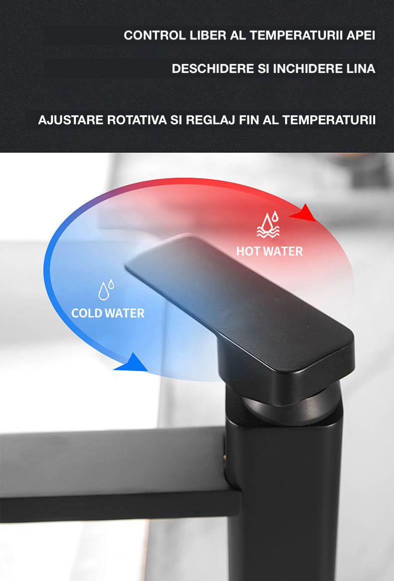 Baterie baie, anticalcar, rezistenta la zgarieturi, barbotator economisire apa, fara stropire, cartus ceramic, negru mat — imaginea 4