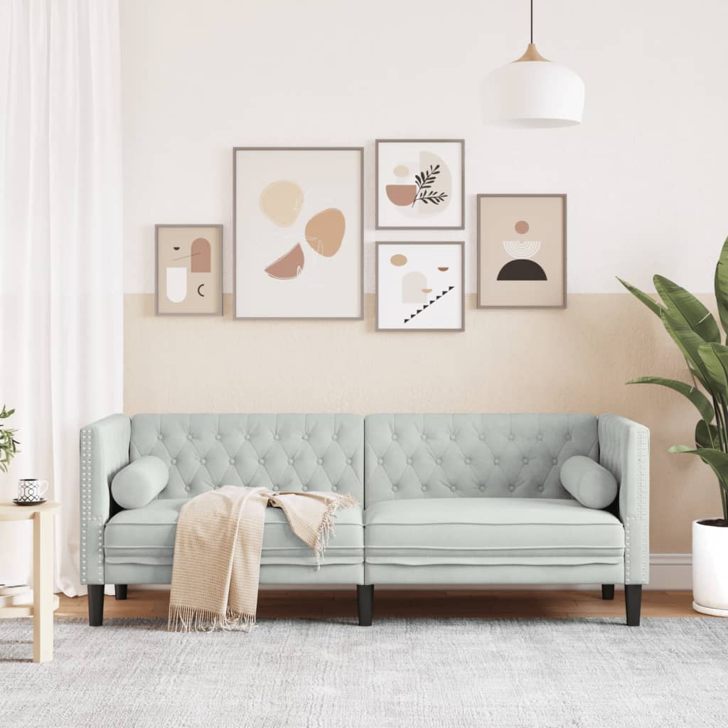 Canapea Chesterfield cu pernute/3 locuri, gri deschis, catifea — imaginea 3