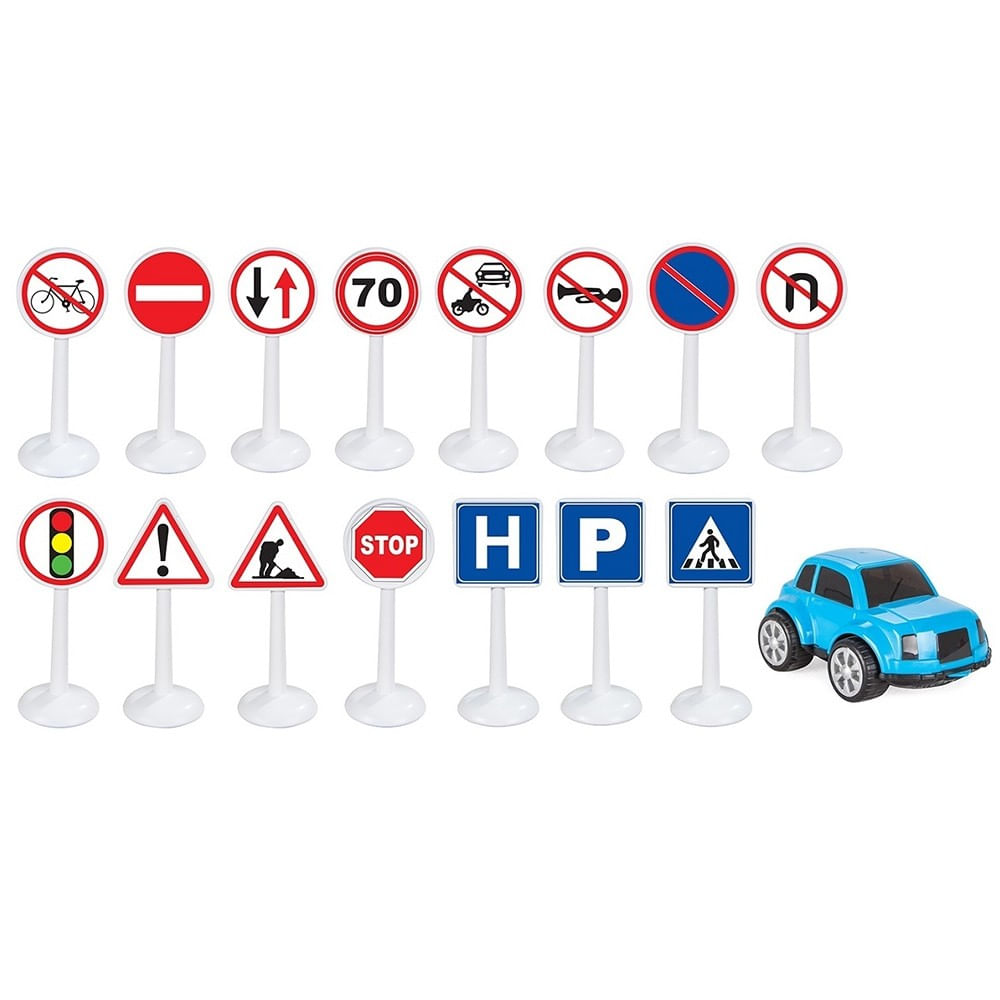 Set pilsan jucarie indicatoare rutiere mini traffic signs cu masinuta