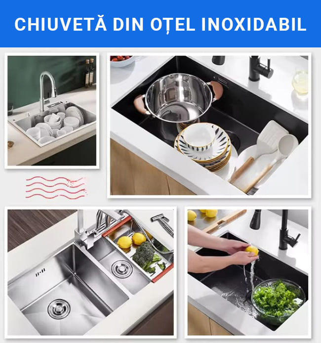 Set chiuveta bucatarie multifunctionala, otel inoxidabil, baterie retractabila, spalator pahare + accesorii incluse — imaginea 5