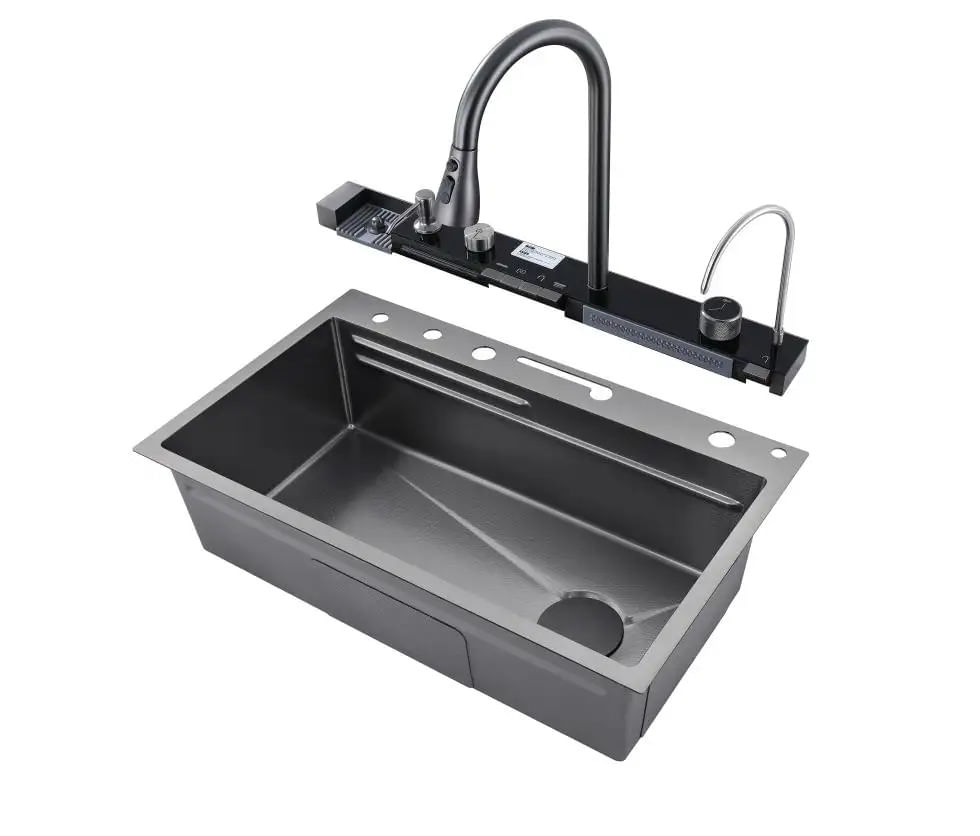 Set chiuveta bucatarie multifunctionala, otel inoxidabil, baterie retractabila, spalator pahare + accesorii incluse — imaginea 6