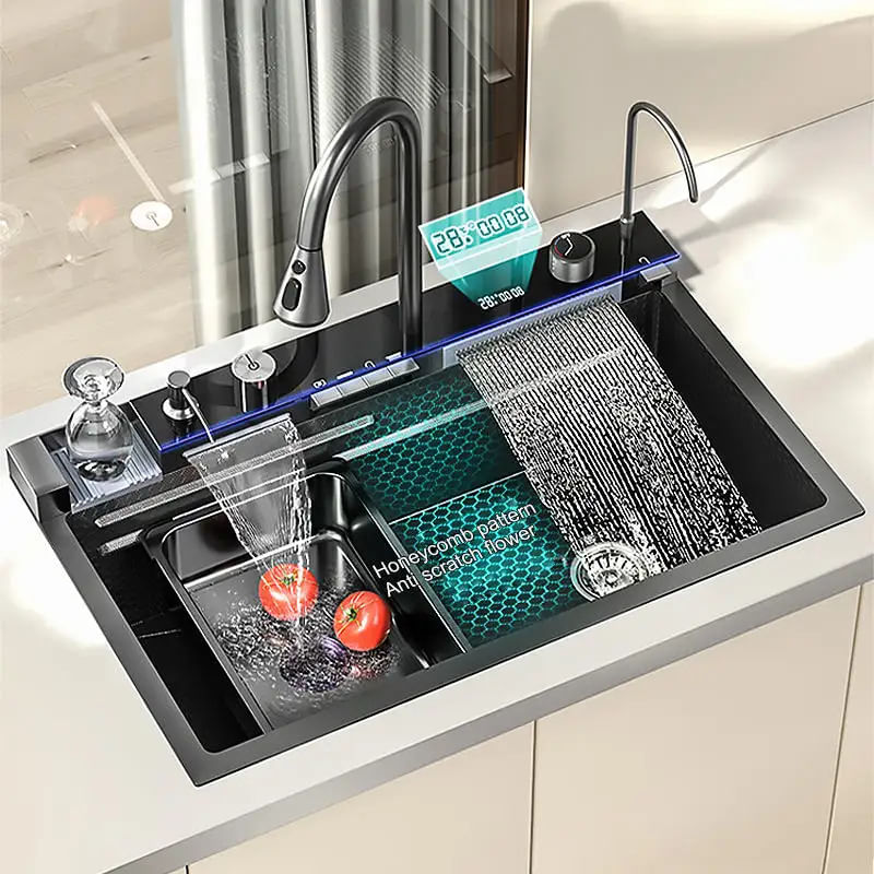 Set chiuveta bucatarie multifunctionala, otel inoxidabil, baterie retractabila, spalator pahare + accesorii incluse — imaginea 14