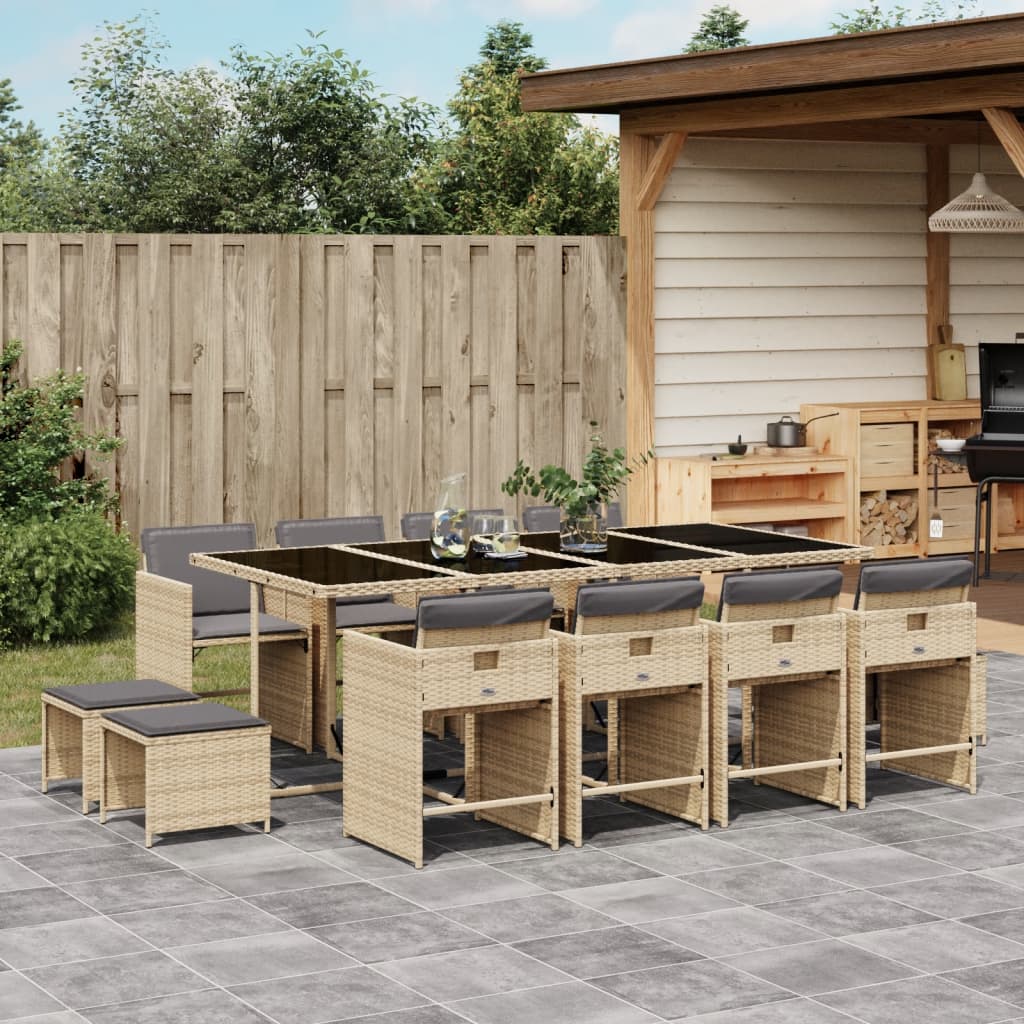 Set mobilier gradina cu perne, 13 piese, bej combinat poliratan — imaginea 2