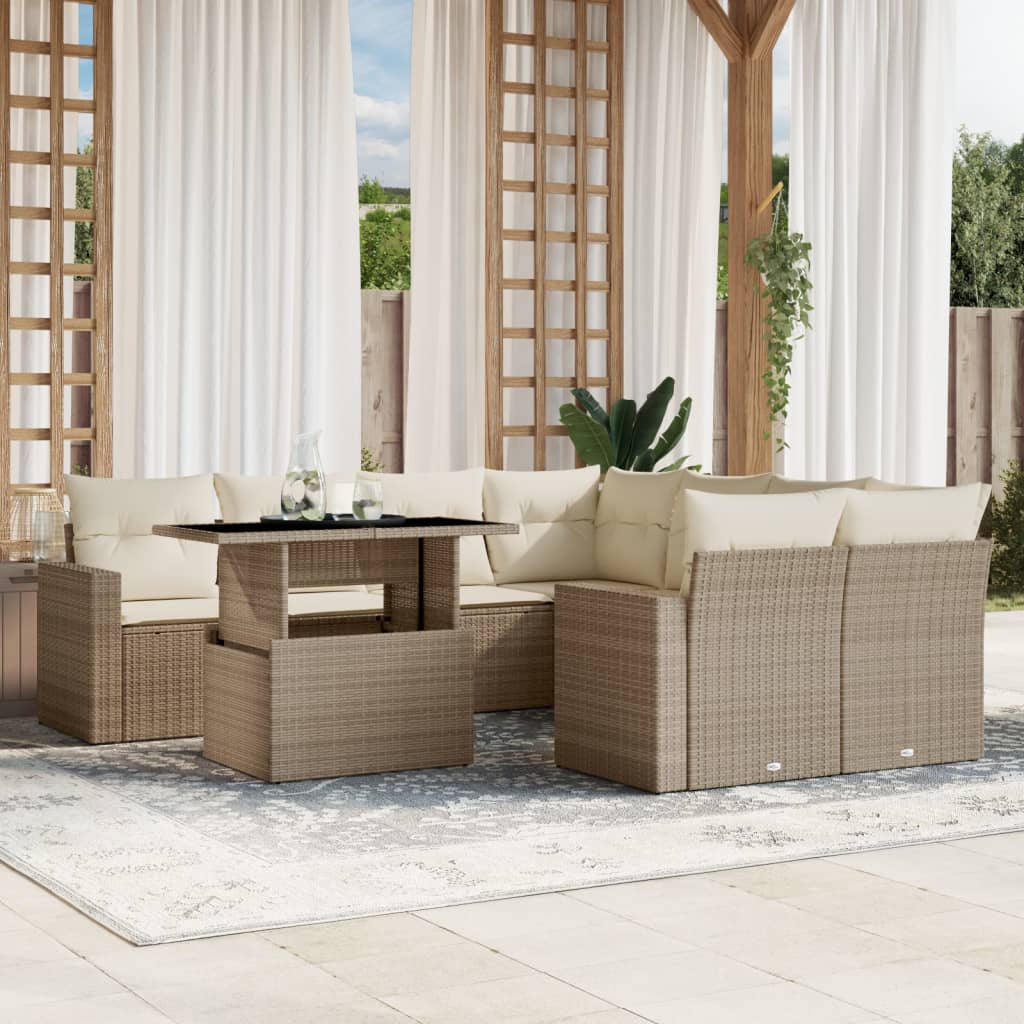 Set canapele de gradina, 9 piese, cu perne, bej, poliratan — imaginea 2
