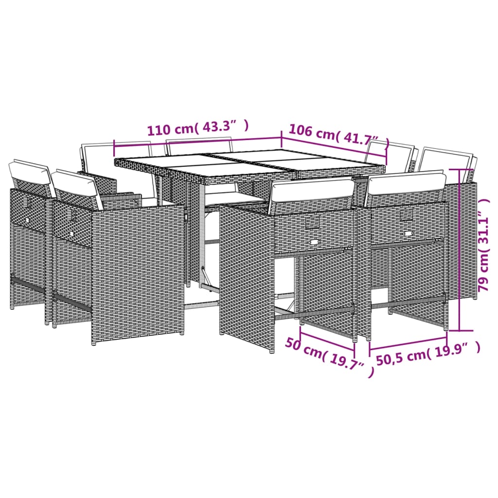 Set de masa pentru gradina, 9 piese, cu perne, bej, poliratan — imaginea 8