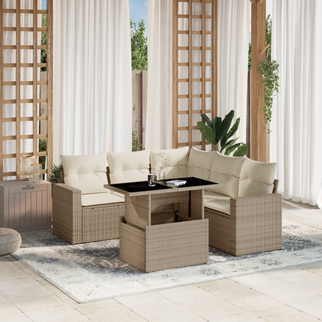 Set canapele de gradina cu perne, 6 piese, bej, poliratan — imaginea 2