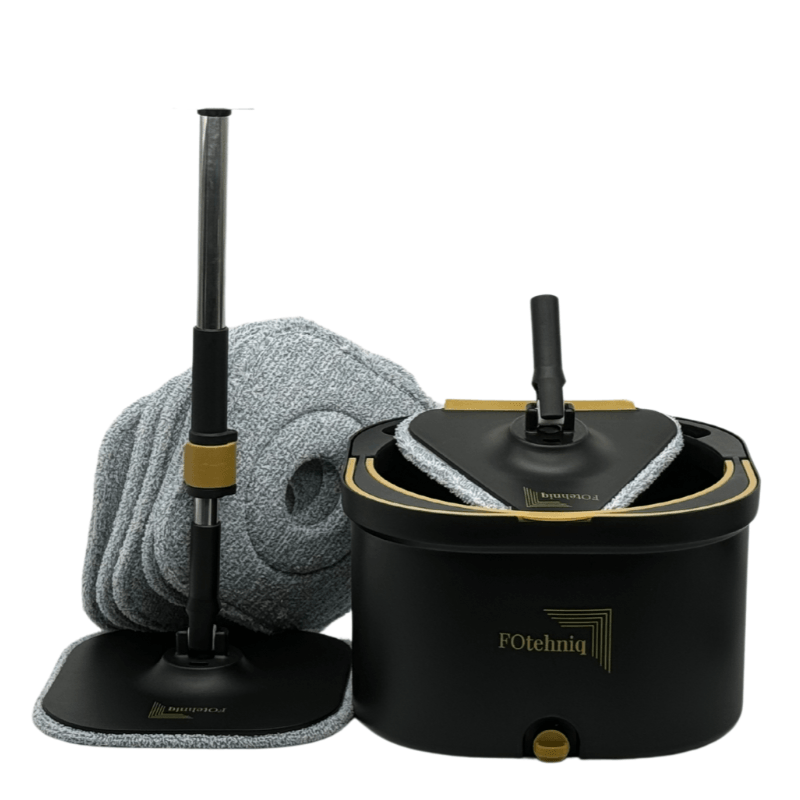 Set Mop Rotativ 7in1 Profesional FOtehniq GoldenHomeMop, 6 Lavete Microfibra Patrate + 1 Triunghi Maner Telescopic Negru