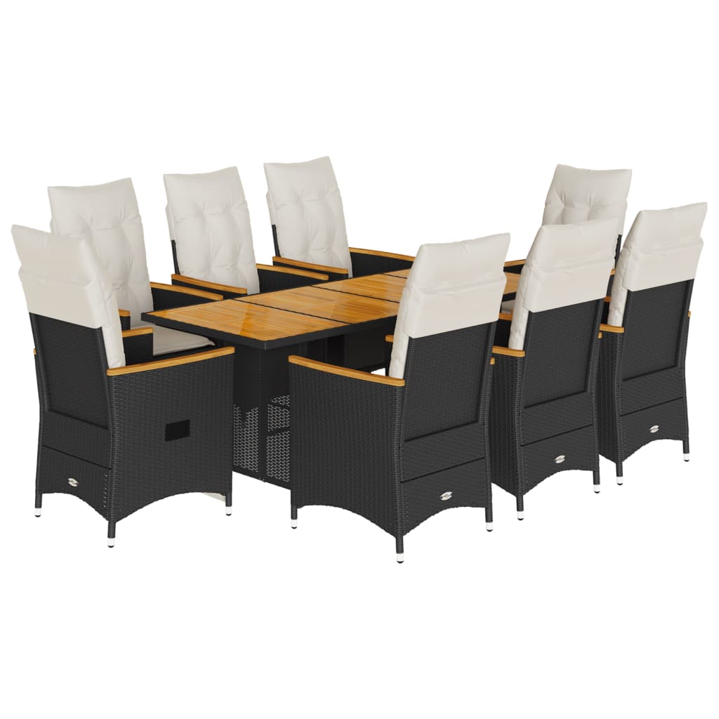 Set mobilier de gradina cu perne, 9 piese, negru, poliratan