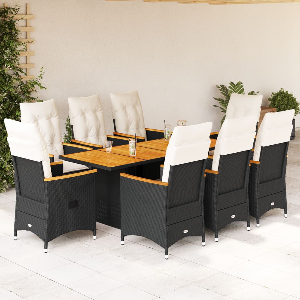 Set mobilier de gradina cu perne, 9 piese, negru, poliratan — imaginea 2